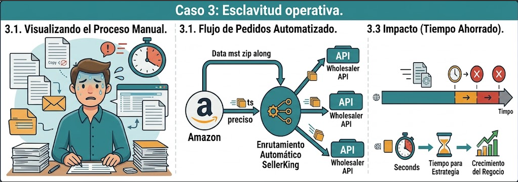 Caso 3: esclavitud operativa copiando pedidos a mano, y cómo el enrutamiento automático de SellerKing lo resuelve en segundos