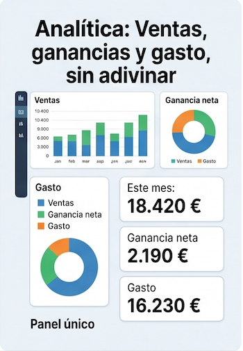 Analítica: ventas, ganancias y gasto en un panel único, sin adivinar